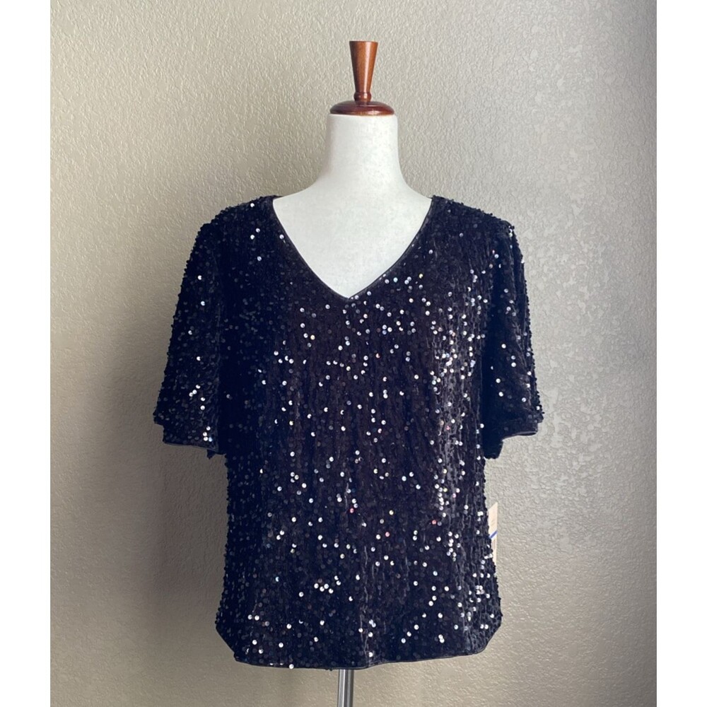 Nanette Lepore XL Black Sequin V-Neck Blouse NWT Lined Short Sleeve Party Top
